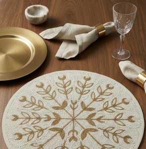 <b>SET</b> OF 2 Elegant Gold & <b>Cream</b> <b>Hand</b>-Beaded Floral Round Placemat - 14" Table Decor - Product Image 2