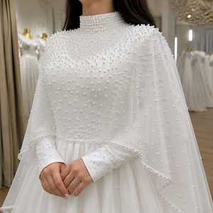 Luxury <b>White</b> Pearl Beaded Ball Gown for Women | Elegant High Neck Long Sleeve Evening Dress Watteau Train Flowing Chiffon <b>Cape</b> - Product Image 2