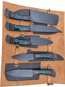 Hand Forged Carbon Steel Chef <b>Knife</b> Set 5 Piece Resin Handle Modern Right Hand Leather Sheath High-Polish Finish Dishwasher <b>Safe</b> - Product Image 6