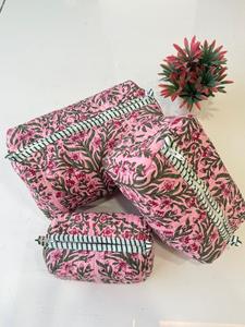 Juego de cosméticos de algodón de 3 piezas con bordado floral azul estilo vintage, bolsa de cosméticos acolchada, bolsa de aseo multifunción - Product Image 2