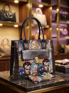 กระเป๋าโท้ทลายหน้าคนแบบนามธรรมสำหรับผู้หญิง กระเป๋าถือทอผ้าแจ็คการ์ดตกแต่งด้วยหนัง PU พร้อมตัวล็อคโลหะ - Product Image 3