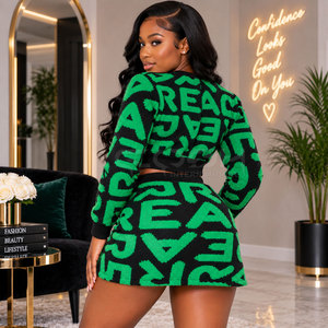 Cosh International Sisterhood Sorority Knitted Two Piece Set Green <b>Black</b> Letter Print Zipper <b>Top</b> Mini <b>Skirt</b> Streetwear Casual - Product Image 5