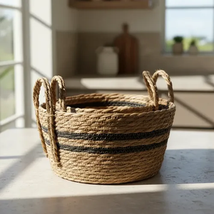 Panier de rangement en jonc de mer tressé naturel avec poignées, style rustique, panier en jonc de mer pour la décoration et l'organisation de la maison - Product Image 4