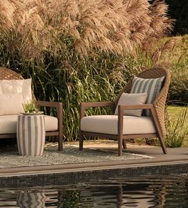 Fauteuil moderne en teck massif avec rotin synthétique et coussin pour usage extérieur, villa et hôtel - Product Image 6