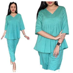 Conjuntos Casuales para Mujer, Cuello en V, Color Liso, Manga Corta, Top y Pantalones de Pijama, 100% Algodón, Cintura Elástica - Product Image 1
