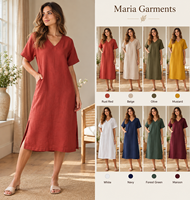 Gaun Midi Wanita Katun Linen Polos Harian V-Neck Tanpa Lengan Musim Panas Longgar dengan Belahan Samping Kasual Pemasok Grosir OEM ODM