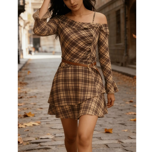Women’s Vintage Plaid Off-Shoulder Ruffle Mini Dress with Belt – Long Sleeve Layered Skirt Street Style Dress - Product Image 2