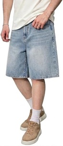 Shorts Bermuda en jean bleu clair taille haute pour homme, décontractés, en coton délavé, avec braguette boutonnée, motif uni - Product Image 2