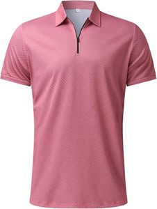 Men's Pink Solid Quarter-Zip Embroidered Polo Shirt and Shorts <b>Set</b> Quick Dry <b>Knitted</b> Formal Summer Wear - Product Image 4