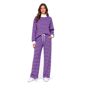 Ensemble deux pièces décontracté pour femme : haut rayé à col montant et manches longues, coupe décontractée, pantalon doux - Product Image 4
