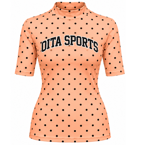 <b>Peach</b> Polka Dot Women Mock Neck Short Sleeve <b>T</b> <b>Shirt</b> Slim Fit Stretch Casual Printed Top Fashion Summer Apparel Wholesale Custom - Product Image 1