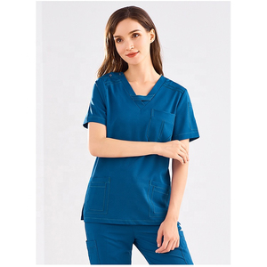 Women Blue V-Neck <b>Scrub</b> <b>Tops</b> With Pockets Cotton Polyester Woven Hospital Uniforms - Product Image 2