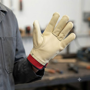 Leather Work <b>Gloves</b> With Red Elastic Cuff Anti Slip Durable General Purpose Safety <b>Gloves</b> - Product Image 3