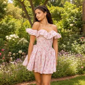 Pink Floral Midi Natural Waist Shoulder Ruffle Neckline Casual Regular Bodice <b>Flared</b> <b>Skirt</b> Lace Back 100% Cotton A-Line - Product Image 1