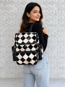 Unique Designer Cowhide Leather <b>Backpack</b> Softback Unisex Day <b>Backpack</b> Multiple Pockets Checks Design <b>School</b> Bag Zipper Closure - Product Image 5