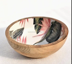 Ensaladera de madera de gran venta, cuenco redondo impreso con esmalte de madera multicolor de la India - Product Image 1