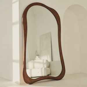 Miroir de sol en teck ondulé fait main bio, cadre naturel massif, design Wabi-Sabi de luxe pour salon et chambre, décoration intérieure - Product Image 3