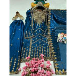 Handmade Satin Party Wear <b>Top</b>-Bottom and Dupatta Set XL Straight Silhouette with <b>Sequins</b> Embroidery Work - Product Image 1