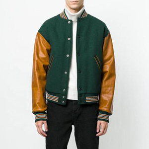 Chaqueta Varsity Verde para Hombre con Mangas de Cuero Marrón, Corte Regular, Cuello Camisero, Ropa Casual de Otoño - Product Image 1