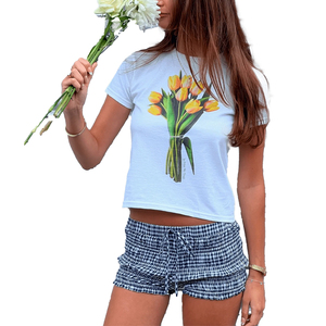 Women's White <b>Crop</b> <b>Top</b> Short Sleeve O-Neck Floral Tulip Print Casual T-Shirt Slim Fit Jersey Cotton - Product Image 3