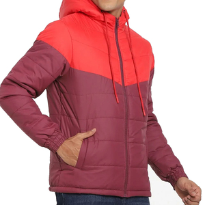 Men's Hooded Color Blocking <b>Puffer</b> <b>Jacket</b> Red And <b>Burgundy</b> Winter Thick Polyester Windproof Casual Zipper Front - Product Image 4