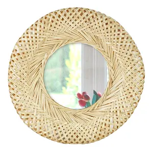 Espelho de parede de bambu tecido | boêmio natural pendurado, decoração de vidro, rústico, artes inovadoras, decoração redonda, espelho de maquiagem