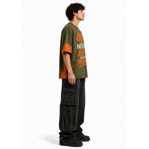 Camiseta Extra Grande para Hombre, Verde Oliva y Naranja, Cuello Redondo, Manga Corta, Diseño Casual con Letras Estampadas, Algodón Jersey - Product Image 6