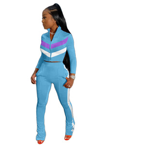 Ensemble de survêtement sportif 2 pièces pour femme, noir, orange, blanc, color block, haut court zippé à manches longues, pantalon coupe droite, toutes saisons - Product Image 5