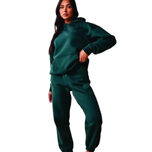 Ensemble de survêtement à capuche vert foncé pour femmes, pantalon long avec poches latérales, tenue décontractée d'automne, taille plus, coupe ample - Product Image 1