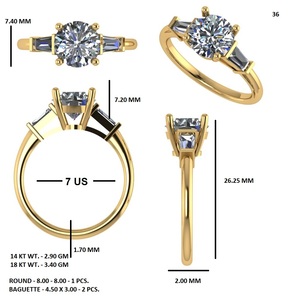 Anillo de Diamante Cultivado en Laboratorio, Corte Brillante Redondo en el Centro, Piedras Laterales en Forma de Baguette, Joyería Fina de Oro para Mujer - Product Image 5