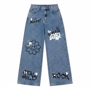Pantalones Vaqueros de Cintura Alta y Pierna Ancha con Graffiti Dibujado a Mano y Apliques de Flores, Estilo Urbano, Jeans de Algodón para Primavera - Product Image 5