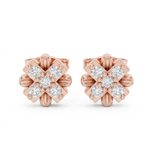 Boucles d'oreilles clous en or rose avec fleur, 5 diamants ronds taille brillant sertis griffe, bijoux de luxe 14K pour femme, fiançailles et mariage - Product Image 1