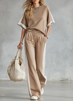 Ensemble décontracté beige pour femmes, t-shirt ample et pantalon large
