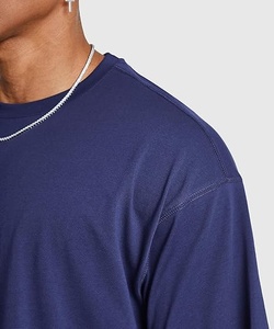 Camiseta Corta para Hombre, Cuello Redondo, Color Sólido, Informal, Tejida, Holgada, Transpirable, 100% Algodón, Azul Marino - Product Image 2