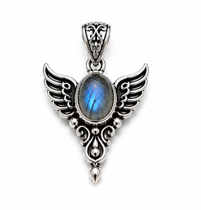 Labradorite Silver Pendant, Sterling Silver Wing Pendant, Blue Flash Labradorite <b>Necklace</b>, Gothic Angel Pendant, Statement - Product Image 1