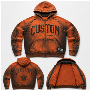 Custom Men's Tie Dye Orange Zip Up Hoodie Rhinestone Flame Sleeve <b>Gothic</b> Star Fleece Lined Bling Streetwear Coats Wholesale Bulk - Product Image 1