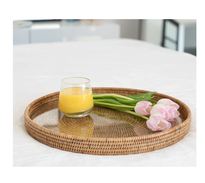 Elegant Rattan Woven Serving Storage Tray With Handles For Beverages Snacks Breakfast Trendy Cane <b>Basket</b> For Coffee Dining <b>Table</b> - Product Image 1