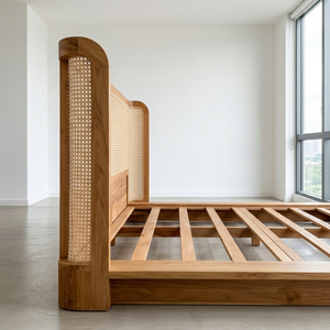 Teak Wood Wooden <b>Bed</b> <b>Frame</b> <b>Rattan</b> Headboard Low Profile Platform Bedstead King Size Base for Modern Bedroom Furniture Wholesale - Product Image 6