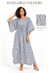Robe kaftan bohème bleu marine pour femmes, imprimé floral tissé, maxi, col en V, sans manches, respirante, 100% coton, vêtements de resort - Product Image 2
