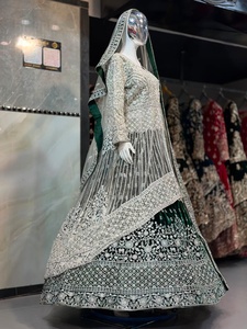 Women's Green Embroidered Velvet Lehenga Choli With <b>Net</b> <b>Dupatta</b> Traditional Wedding Wear India Pakistan Floor Length Regular Fit - Product Image 3