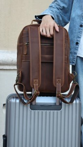 Mochila de cuero marrón a la moda para hombre, bolso para ordenador portátil, mochila de viaje Vintage, mochila grande para trabajo y negocios, mochila escolar de algodón - Product Image 3