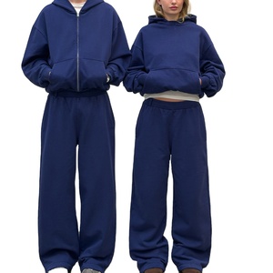 Ensemble survêtement en molleton français pour homme avec logo personnalisé, qualité supérieure, sweat-shirt à capuche surdimensionné à double fermeture éclair et pantalon de survêtement en vente - Product Image 4