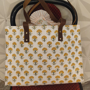 Yellow Floral Printed <b>Canvas</b> Women <b>bags</b> for Laptop & Everyday Use with Leather Handles Premium Printed Cotton <b>Shopper</b> Tote - Product Image 1