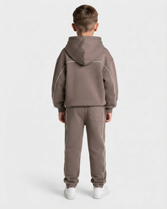 Custom Contrastline Mocha <b>Oversized</b> Kids Boys Tracksuit Set Cotton Fleece Hoodie & Wide Leg <b>Sweatpants</b> OEM & ODM Manufacturer - Product Image 2