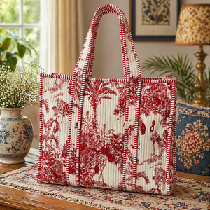 Red Toile Print Quilted Cotton Tote <b>Bag</b> Women Handmade <b>Boho</b> Shoulder Handbag Large Capacity Travel Shopping <b>Bag</b> - Product Image 1