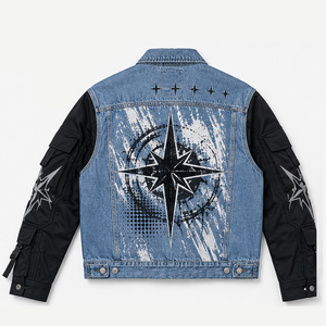 Custom Men's Contrast Denim <b>Jacket</b> Black Cargo Sleeve Splatter <b>Star</b> Print Buckle Strap Streetwear Trucker Coat Wholesale Bulk - Product Image 2