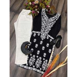 FASHIONABLE RAYON FIL BRODERIE TRAVAIL KURTI AVEC PALAZZO NOIR - Product Image 5