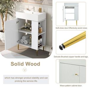 Mobile bagno bianco da 21,6 pollici in legno massello e PVC con specchio LED, mobiletto e lavabo singolo in ceramica, con vano contenitore a destra - Product Image 5