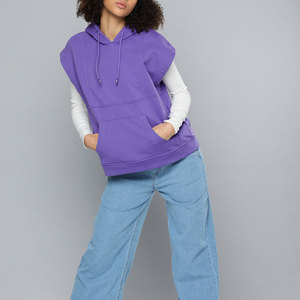 Sweat-shirt sans manches à capuche pour femme, violet uni, en coton tricoté respirant, pour l'automne, avec poches, design épaules tombantes - Product Image 3