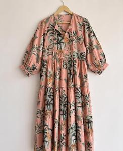Tropical Print Maxi <b>Dress</b> With Puff Sleeves Loose Boho Style Summer Casual Wear Viscose Polyester Fabric O-Neck <b>Elastic</b> Waist - Product Image 2